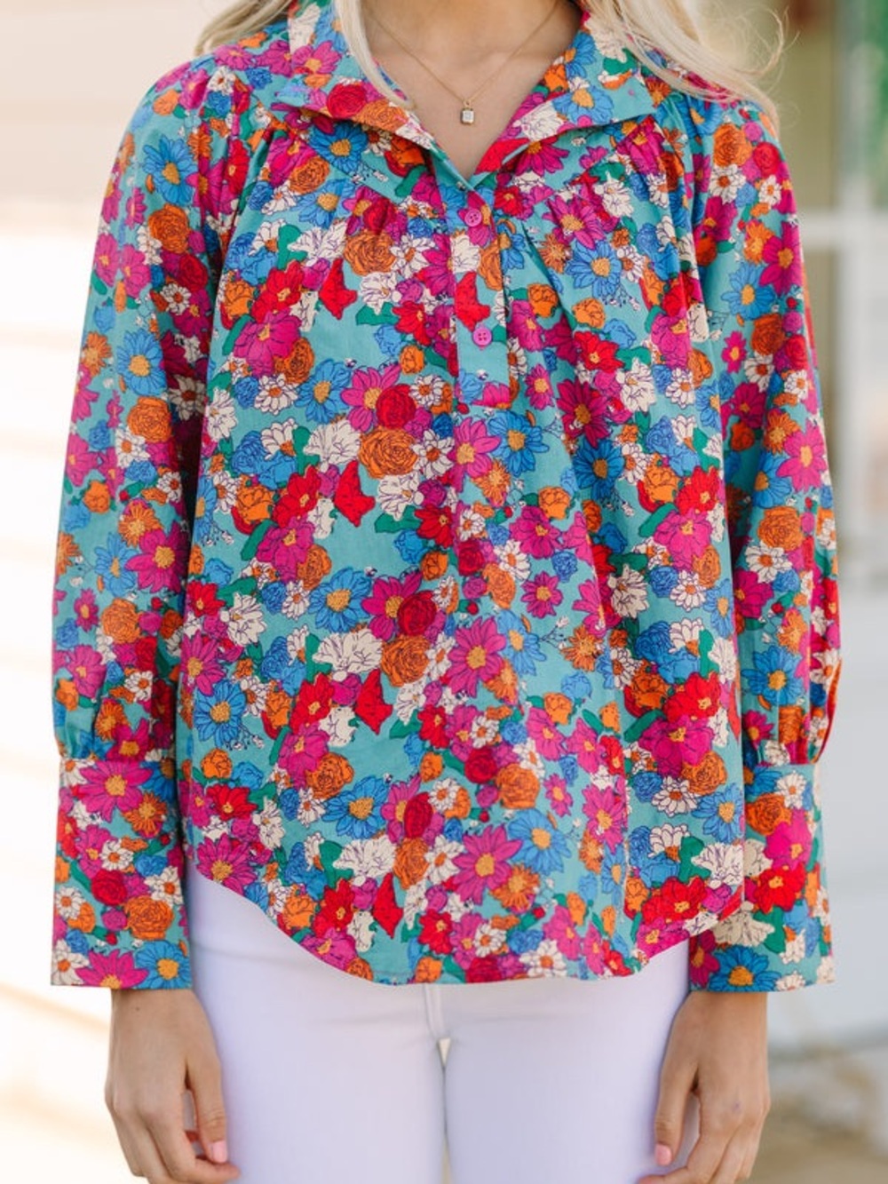 Shop the Mint Take Your Turn Blue Floral Blouse – Size Small